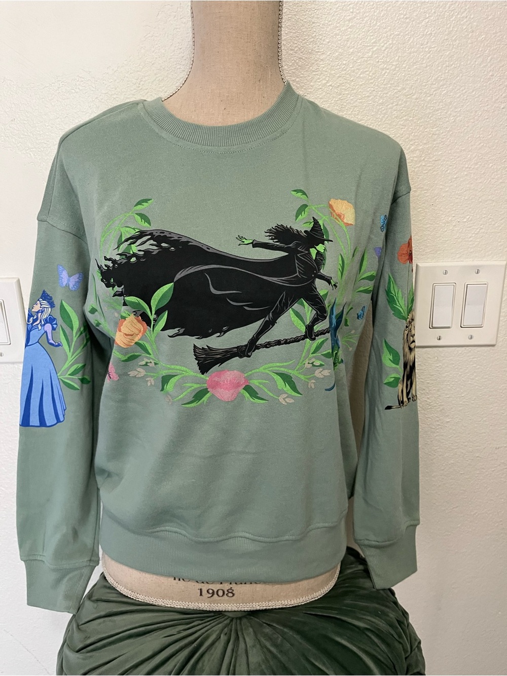 Sage Green Crewneck Sweater with Witch & Floral Motif
